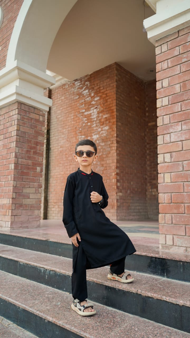 Premium Black Boys Shalwar Kameez | Wash & Wear | Ages 6–13 Years