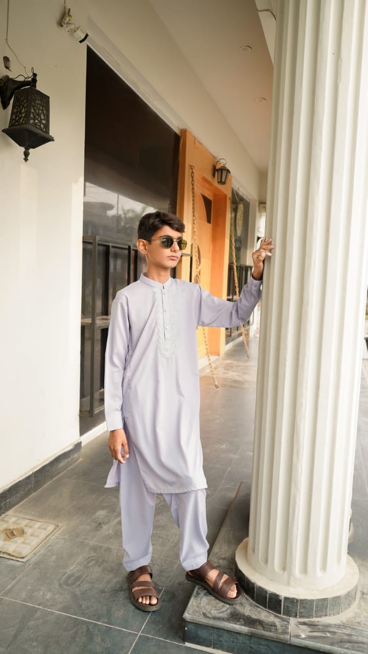 Premium Embroided Grey Boys Shalwar Kameez | Wash & Wear | Ages 6–13 Years