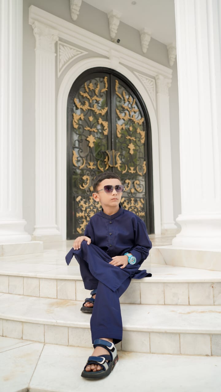 Premium Navy Blue Boys Shalwar Kameez | Wash & Wear | Ages 6–13 Years